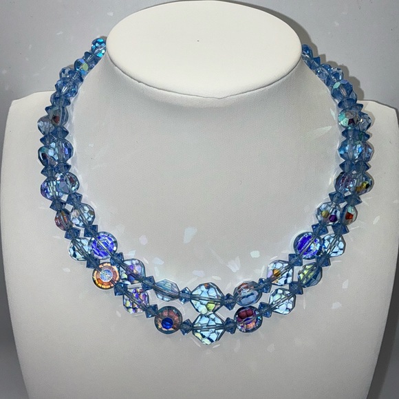 D K Jewelry - Vintage blue aurora borealis crystal double-strand necklace